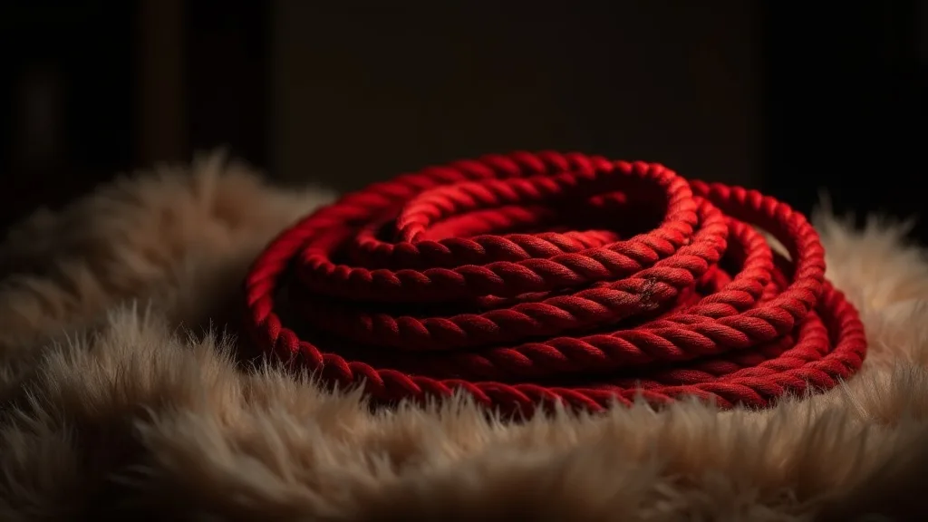 écheveau de corde rouge de shibari lové sur une fourrure, lumière douce a Rennes