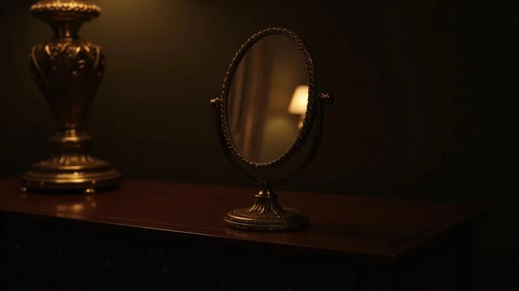 miroir a main ornemental refletant une cravache, reflet legerement deforme, lueur ambree a Rennes