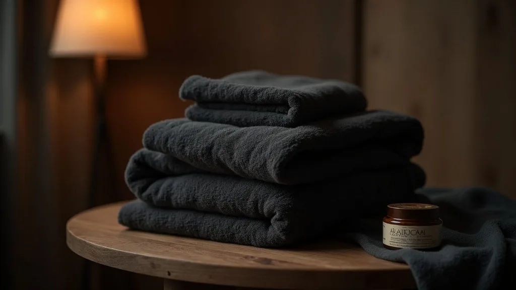 plaids en mohair pliés et baume d'arnica sur une table basse, lampe douce a Rennes